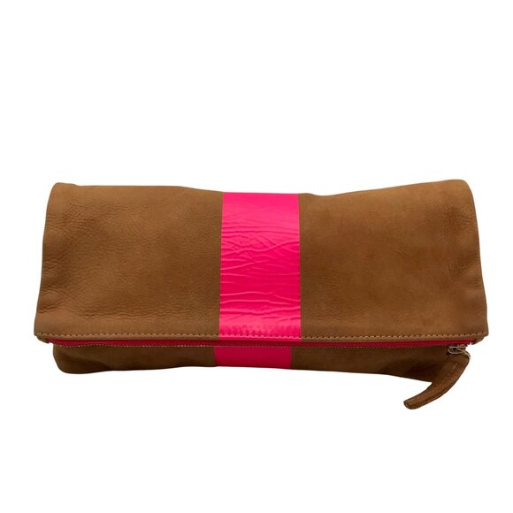 Clare V Camel Brown Leather With Pink Stripe Foldover Clutch - Picture 1 of 10